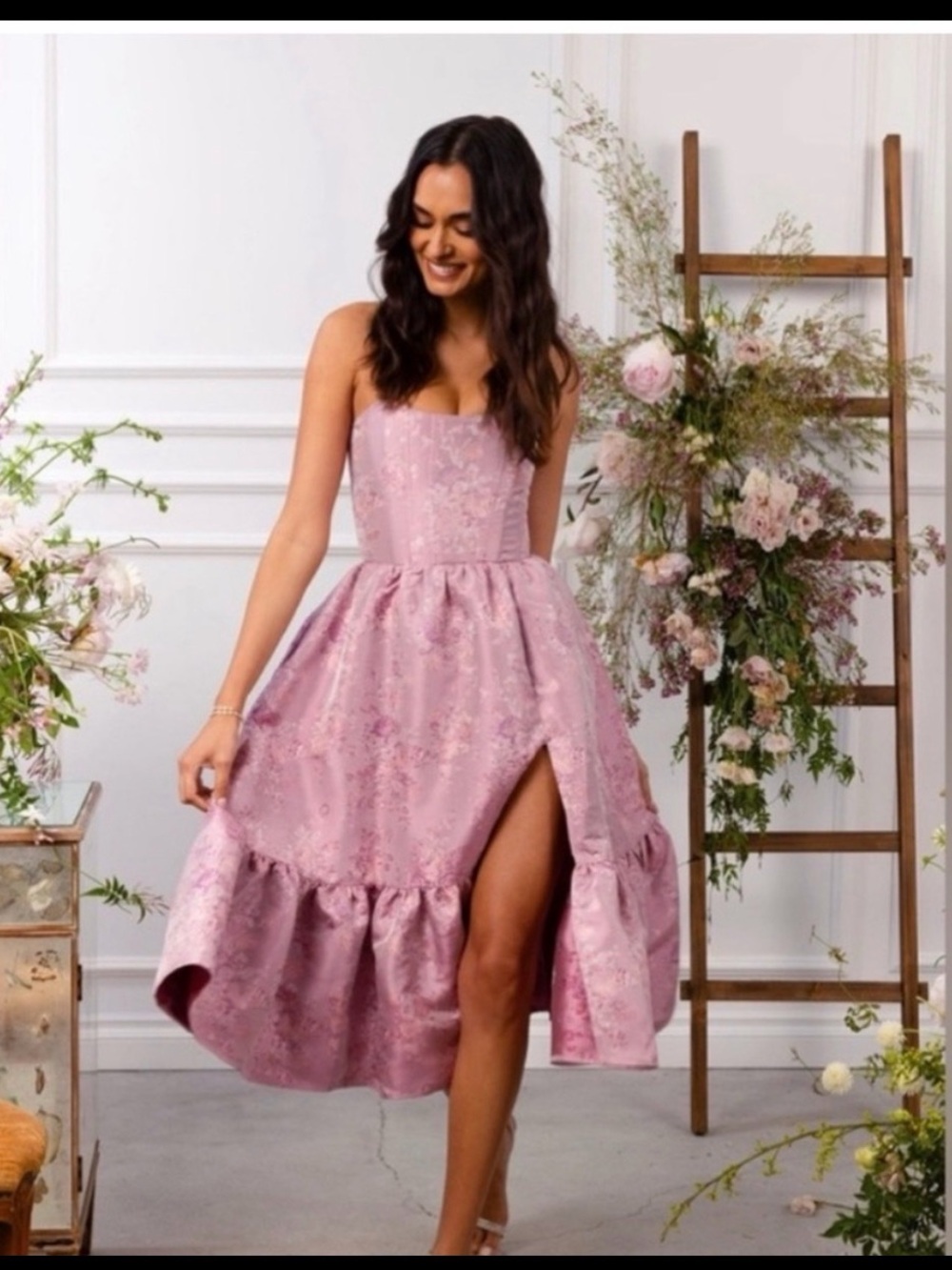 V. Chapman Charlotte Orchid Haze Midi Corset Strapless Dress